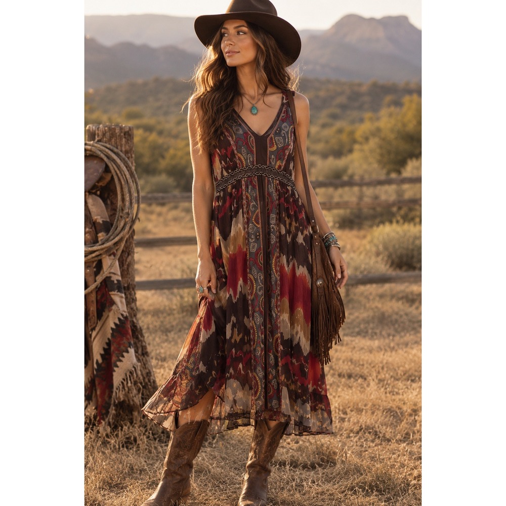 Reba Dress Womens Plus 18W Brown Paisley Midi Western Boho Hippie Boho